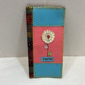 Handmade Pink Blue Leather Fabric FAITH Floral Wallet 3.75"x7.5"